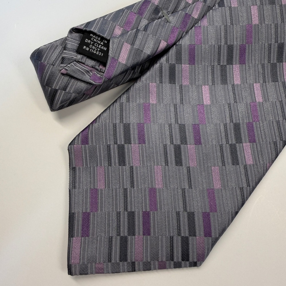 NWT Pronto Uomo Techno-Care Silk Tie Grey Purple Geometric Blocks RN 114831